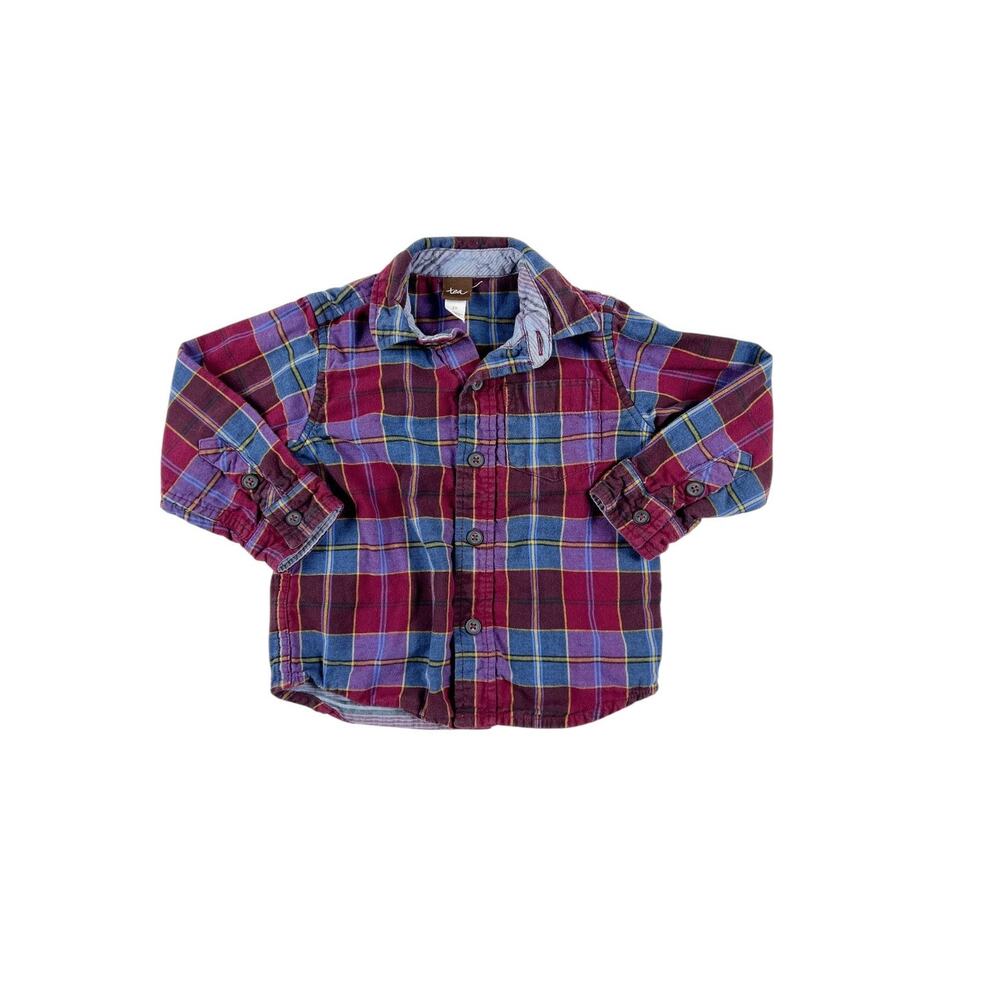 Tea Collection Family Plaid Button Up Shirt Maroon Blue Size 2 Holiday